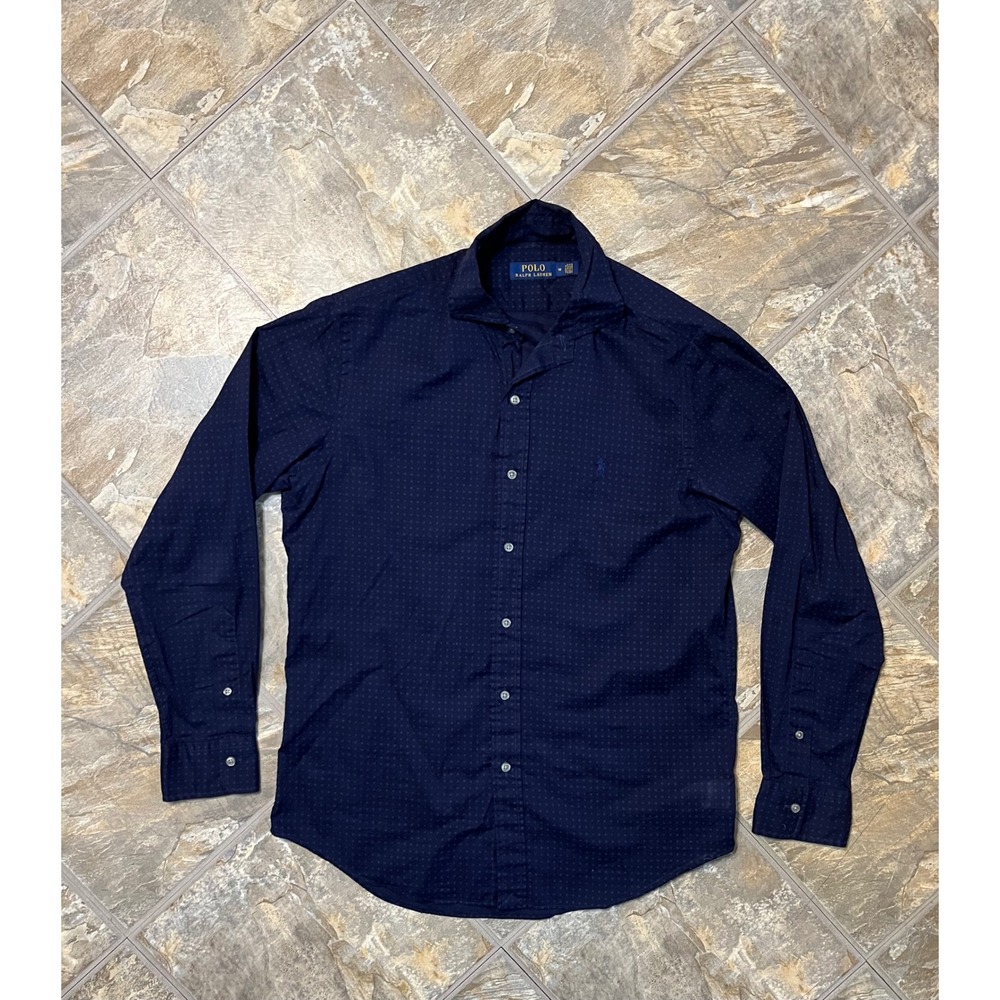 Polo Ralph Lauren Button Down Mens Medium Navy Blue Micro Dot Long Slv